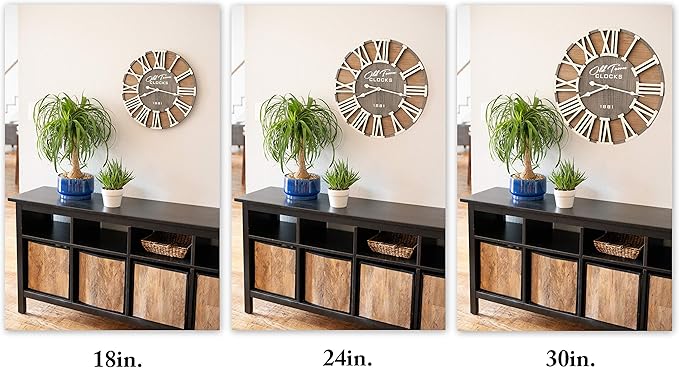 18" Rustic Farmhouse Wash Out Vintage Roman Wooden Wall Clock Silver Hands (Whitewood Lettering, 18 inch)