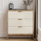 LONYKE Farmhouse 3 Drawer Dresser, White Nightstand with Handcrafted Wood Ring Motif for Bedroom, Rustic & Natural, Fully Assembled, Boho