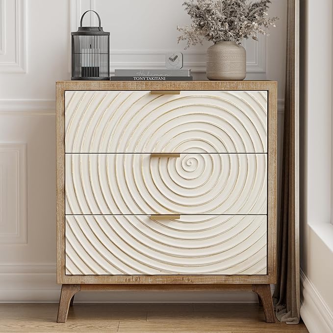 LONYKE Farmhouse 3 Drawer Dresser, White Nightstand with Handcrafted Wood Ring Motif for Bedroom, Rustic & Natural, Fully Assembled, Boho