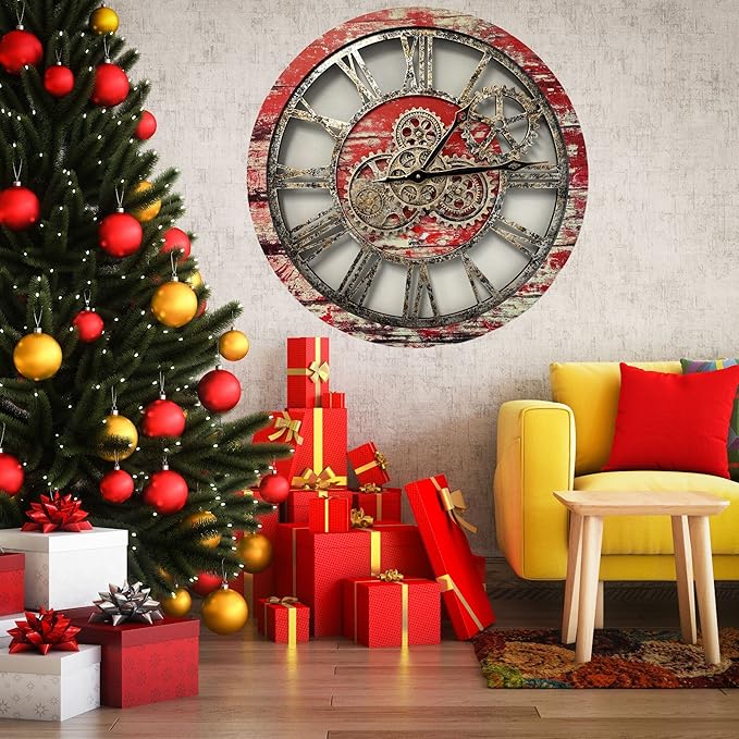 The Gears Clock The Original Real Moving Gear Wall Clock Vintage Industrial Oversized Rustic Farmhouse (24 inch (60cm),Red Lava)