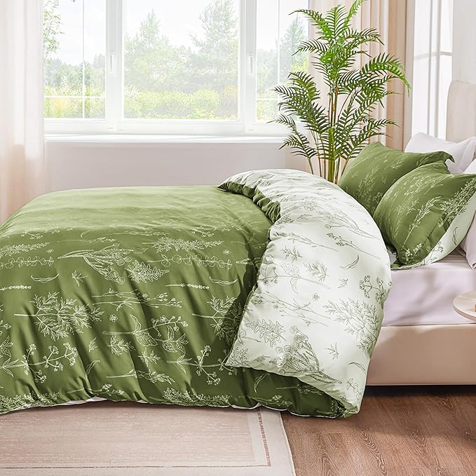 Love's cabin Olive Green Twin Comforter Set - Twin XL Size Comforter Set Dorm Bedding, 2 Pieces Cute Floral Bedding Comforter Set, Soft Reversible Flowers Comforter, 1 Comforter & 1 Pillow Sham