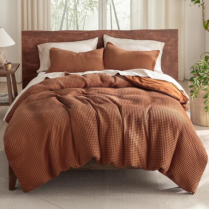 Bedsure Cooling Waffle Duvet Cover Queen - Cotton Blend Rayon Derived from Bamboo Duvet Cover Set for Hot Sleepers, Breathable Bedding Set With a Vintage Charm, 3 Pieces (Burnt Orange, Queen, 90"x90")
