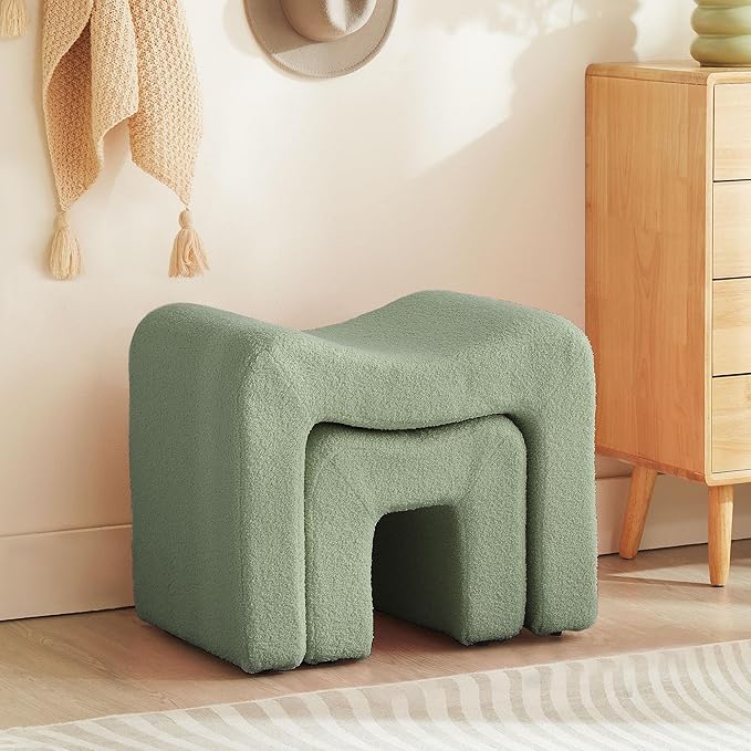 Ottoman Set of 2 Vanity Stool Chair Seating Backless Modern Foot Rest Teddy Velvet Small Footstool Ottoman for Makeup Room Living Room Bedroom Entryway,(2-in-1) Green