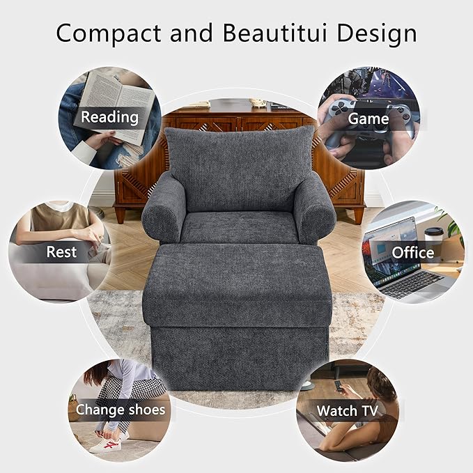 35.82” Accent Chair with Ottoman Upholstered Living Room Chairs for Reading Chair with Chaise Lounge Chairs Indoor, Comfortable Armchair for Bedroom (Gray, 35.82")