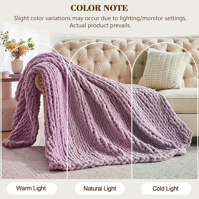 Carriediosa Chunky Knit Throw Blanket 50" X 60", 100% Hand Made Large Chenille Loop Yarn Soft Fluffy Throws for Couch Sofa Bed, Big Crochet Cozy Heavy Thick Cable Woven Blankets, Purple