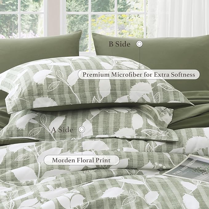 King Comforter Set -7 Pieces Sage Green Floral Comforter Set for All Seasons, Bed in a Bag King with Botanical Flowers Comforter, Sheets, Pillowcases & Shams