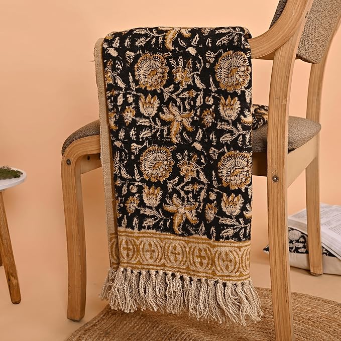 Bohemian Floral Cotton Throw Blanket with Tassels | 48x70 Inch Handblock Printed Sofa Throw | Black & Gold Decorative Bed Cover | Lightweight Couch Throw for Living Room & Bedroom