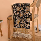 Bohemian Floral Cotton Throw Blanket with Tassels | 48x70 Inch Handblock Printed Sofa Throw | Black & Gold Decorative Bed Cover | Lightweight Couch Throw for Living Room & Bedroom