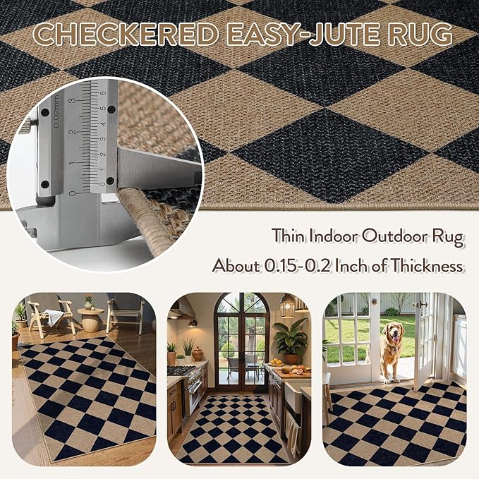 Lahome Checkered Easy Jute Entry Rug, 3x5 Black Outdoor Patio Rug for Living Room Farmhouse Neutral Carpet, Washable Non Slip Indoor Door Mat Diamond Carpet for Front Door Deck Camping