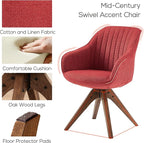 Art Leon Desk Chair No Wheels - Mid Century Modern Office Chair, Swivel Accent Chair with Oak Wood Legs, Fabric Upholstered Arm Chair, Red