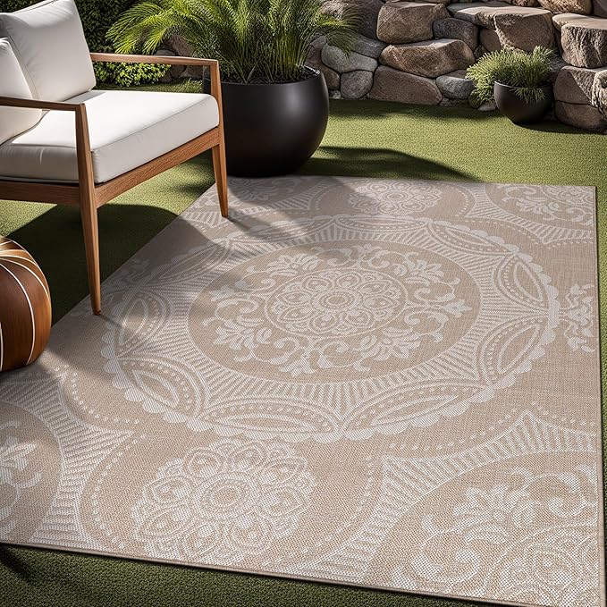 Medallion Outdoor Rug 5x7 Washable Outside Carpet for Indoor Patio Porch Waterproof Easy Cleaning Non Shedding Area Rugs Beige 5 x 7
