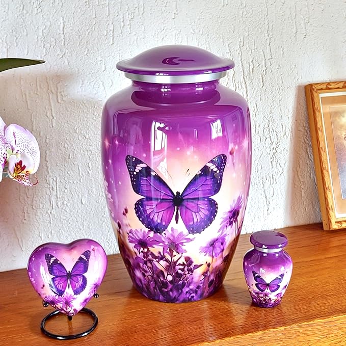 Olivia Memorials Urn for Ashes Women Men - Cremation Urns for Adult Male Female Human - Large Urns for Mom - mall Mini Keepsake (Purple Butterfly, 1 Small Keepsake)