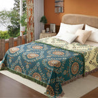 Boho Throw Blanket Twin Size, Soft Cozy Cotton Muslin Quilt Blanket for Bed Decor, Floral Patterned Couch Sofa Chair Cover, Vintage Farmhouse Cottage Tapestry Woven Blanket, Green&Beige