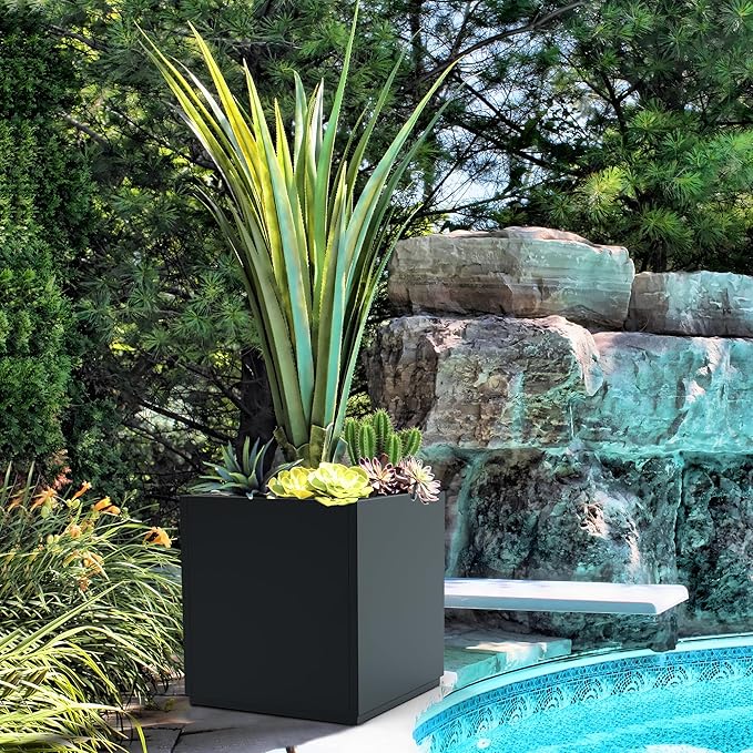 FENCY Large Square Planter 17" L x 17" W x 18" H, Planters for Outdoor Plants, Large Outdoor Planters for Porch Patio, Black Square Planter with Drainage Hole, All-Weather Use Cube Planter