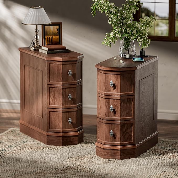 Nightstand Set of 2 with Charging Station, Vintage Wood End Table with 3 Drawer, Victoria Narrow Side Table, Slim Bedside Tables for Bedroom, Pre-Installation, Brown