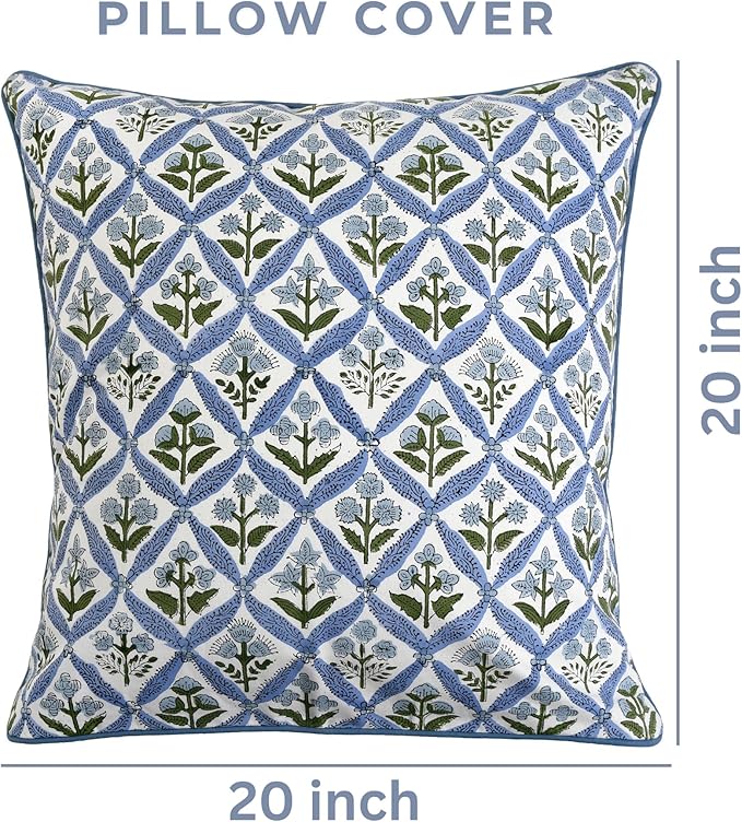 Ridhi Light Steel Blue Block Print Cotton Throw Pillow Covers for Decorative Couch Pillows for Living Room, Chic Boho Cute Outdoor Valentine Pillows Covers Gifts 20x20 Inches