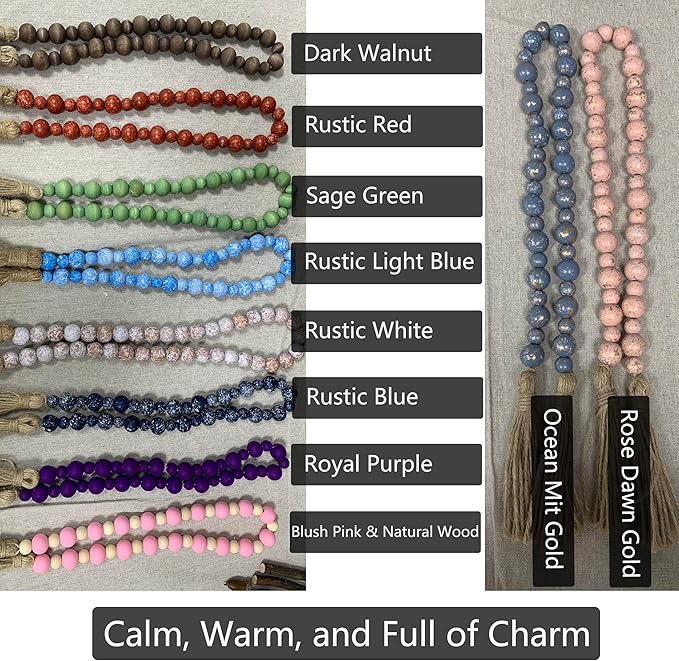 Handcrafted Farmhouse Wooden Decorative Beads Garland, Table Tray Boho Wood Beads with Tassel, Small Rustic Antique Decor for Home and Events (Ocean Mist Gold)