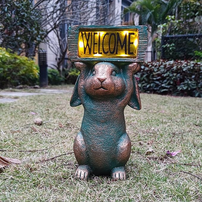 Rabbit Solar Welcome Garden Statues Outdoor Décor-Rabbit Figurines Solar LED Light Lawn Ornaments - Yard Decorations for Patio, Balcony, Backyard -Unique House Warming Gifts for Mom