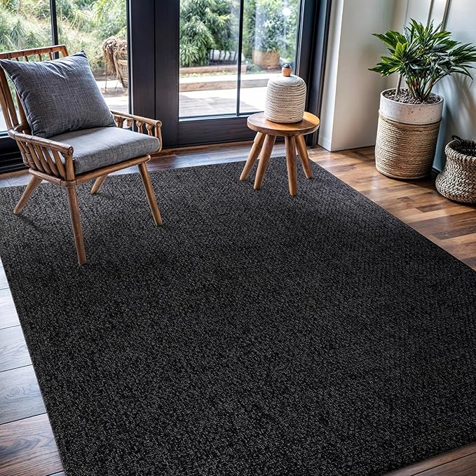 CAMILSON Easy Jute Rug 4x6, Indoor Outdoor Dark Gray Black Farmhouse Area Rugs for Living Room Patio and Kitchen Rug, Solid Boho Woven Design, Easy-Cleaning, Washable Outside Carpet Alfombras (4 x 6)