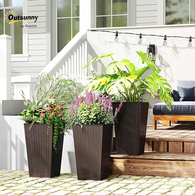 Outsunny Tall Planters for Outdoor Plants Set of 3, 24 in Taper Planters with Drainage Holes, Rattan Decor Plant Pots for Indoor Outdoor Front Porch Patio Backyard, Brown
