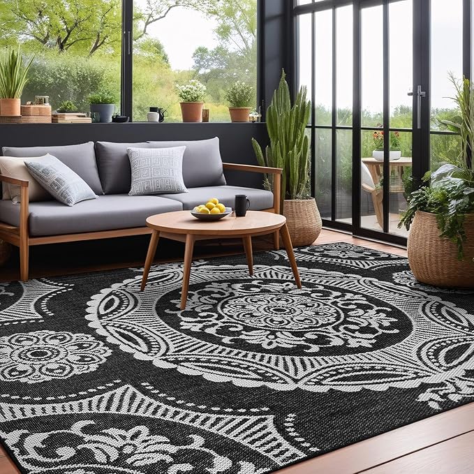Medallion Outdoor Rug 9x12 Washable Outside Carpet for Indoor Patio Porch Waterproof Easy Cleaning Non Shedding Area Rugs Black 9 x 12