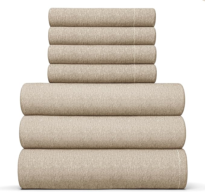 Split King Sheets Set 7 Piece - Includes 4 Pillowcases - Bed Sheets Split King - Soft Hotel Luxury Bedding - Cooling & Breathable - 1 Flat & 2 Fitted & 4 Pillowcases w/ Deep Pockets - Heathered Beige