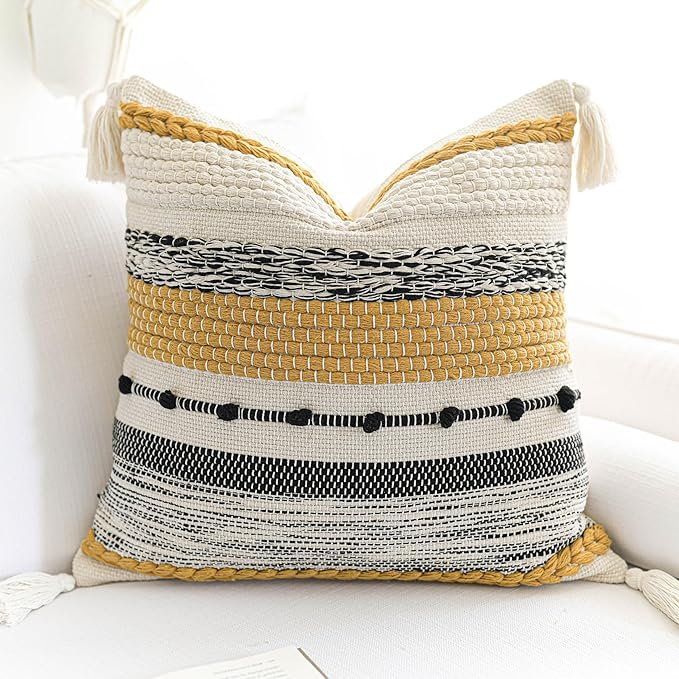 BlissBlush Fall Yellow Mustard Decorative Throw Pillow Cover 18x18 Square Boho Accent Pillowcase Tassels Farmhouse Cushion for Couch Sofa Bedroom Living Room Home Décor Cover ONLY