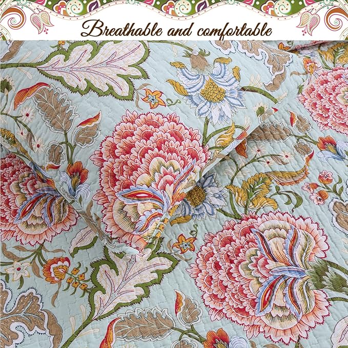 Cozy Line Home Fashions Blooming Red White Floral 100% Cotton Reversible Quilt Bedding Set, Coverlet Bedspread (Camellia Green, Queen - 3 Piece)