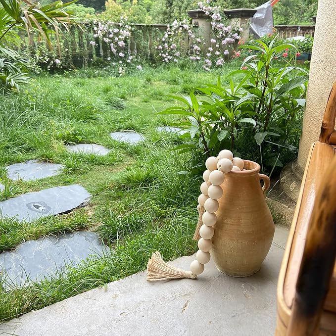 OMISHE 50" Long Extra Large Wood Bead Garland with 1.6" Diameter Wooden Beads and Tassels, Rustic Farmhouse Country Decorative Beads for Home Decor Tiered Tray Decor, Natural Beige