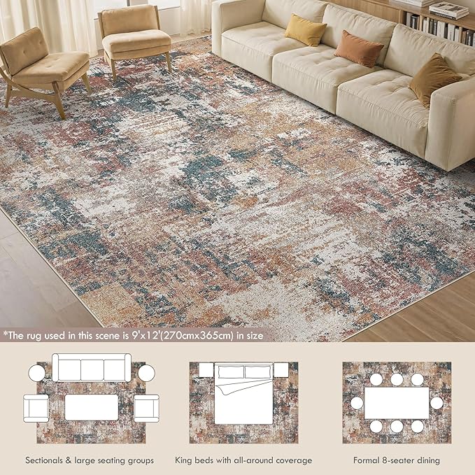 Tortania Washable 9x12 Area Rug for Living Room: Modern Abstract Neutral Large Soft Thin Rugs - Non Slip Indoor Carpet for Bedroom Dining Room Office Nursery Home Floor Decoration - Colorful Multi