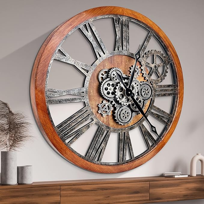 Large Wall Clock, Clocks for Living Room Decor Oversized 30 Inch Wall Decor Farmhouse Vintage Rustic Industrial Roman Big Chic Home Decor Wall Clock for House Bedroom Office, Moving Gears Clock