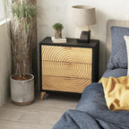 LONYKE Fully-Assembled 3-Drawer Farmhouse Dresser with Handcrafted Wood Ring Motif, Black Nightstand for Bedroom, Morden Rustic