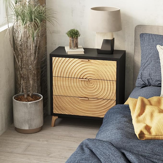 LONYKE Fully-Assembled 3-Drawer Farmhouse Dresser with Handcrafted Wood Ring Motif, Black Nightstand for Bedroom, Morden Rustic