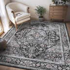 AMOAMI-4X6 Area Rugs for Living Room -Soft Vintage Bedroom Rug-Non Slip Washable Rug-Throw Rugs for Living Room Bedroom Bedside Dining Room Office Dark Grey & Black