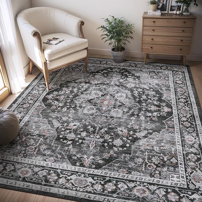 AMOAMI-3X5 Area Rug-Soft Washable Rugs for Living Room Bedroom -Non Slip Entryway Rug-Indoor Vintage Throw Rug Accent Rug for Living Room Laundry Room Kitchen Bathroom Bedside Dark Grey & Black