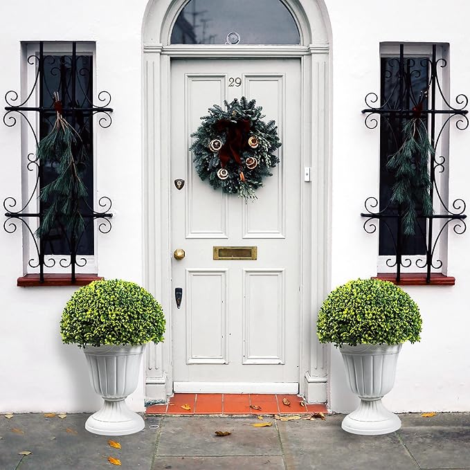 Sunnyglade 2 PCS 23”Artificial Plastic Boxwood Ball Tree，Faux Potted Decorative Topiary Plant，UV Resistant Fake Plant in Pot for Home Gate Indoor Outdoor Patio Office Decor