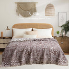 Boho Throw Blanket Twin Size, Soft Cozy Cotton Muslin Quilt Blanket for Bed Decor, Patchwork Block Couch Sofa Chair Cover, Vintage Farmhouse Cottage Tapestry Woven Blanket, Brown&White