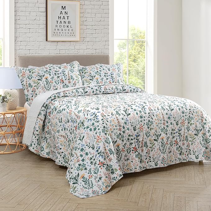 Travan 3-Piece Quilt Set Quilted Bedspread Lightweight Coverlet Set Garden Style Floral Printed Oversized Quilted Bedding Set with Shams for All Season, Exquisite, Queen Size