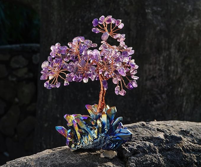 Amethyst Crystal Tree with Rainbow Titanium Cluster Base Tree of Life Decor for Shelf, Bedroom, Birthday Gifts for Women, Sister Birthday Gift for Mom, Cute Home Purple Decor Present