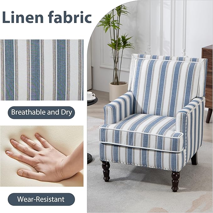 Accent Chair, Modern Comfy Mid-Century Accent Chairs，Linen Upholstered Lounge Arm Chair with Solid Wood Reading Side Padded Single Sofa for Living Room/Office/Balcony/Bedroom-Blue Stripe