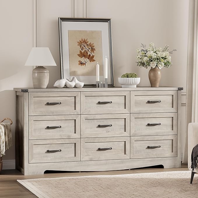 Dresser for Bedroom with 9 Drawers, 59" Wide Wood Chest of Drawers with Deep Drawers & Mental Handle, Modern Dresser TV Stand, Wooden Closet Storage Organizer for Living Room, Hallway, Entryway, Grey