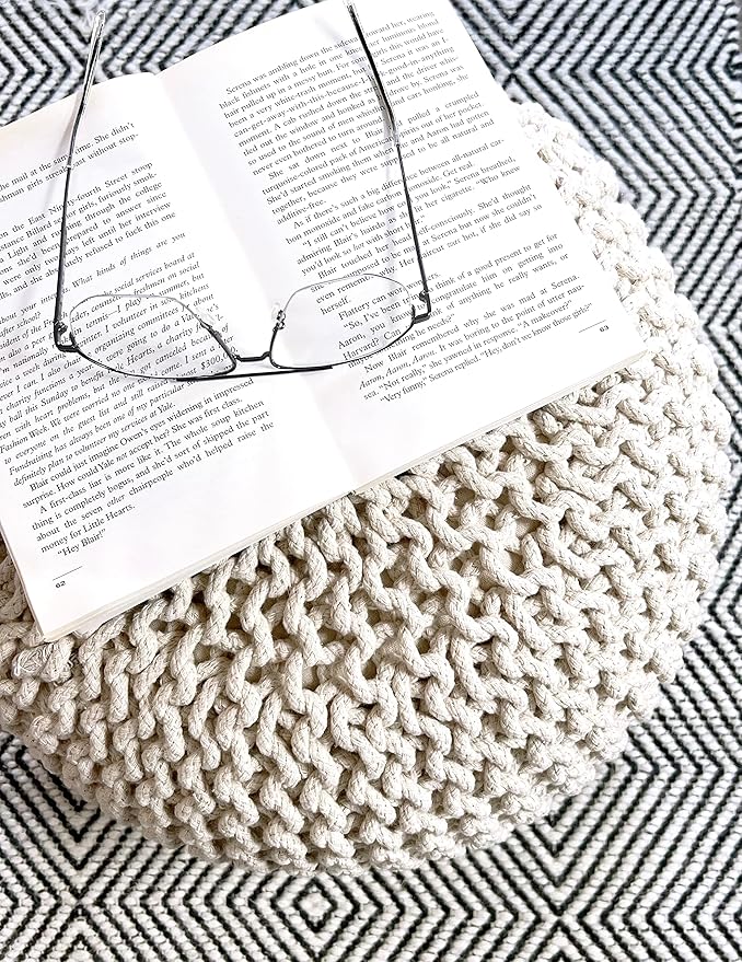 FRELISH DECOR Round Pouf Ottoman Hand Knitted 100% Cotton Pouf Foot Stool - Knitted Bean Bag - Floor Chair for Living Room Bedroom - Foot Rest for Couch (20 Diameter x 14 Height) - Natural