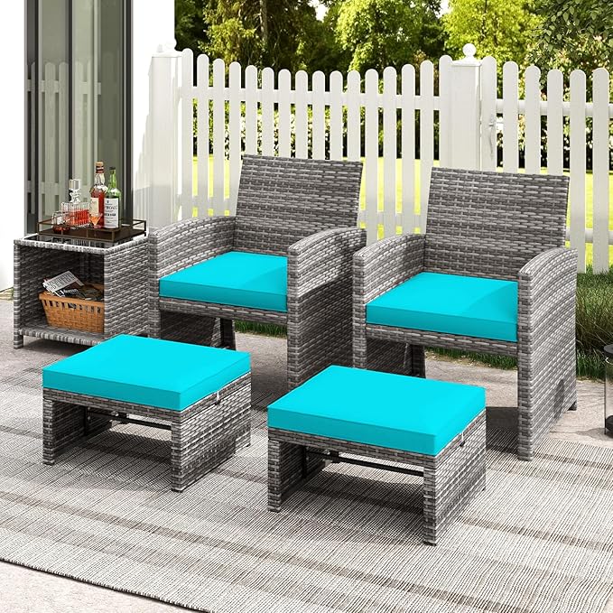 Tangkula 2 Pieces Patio PE Rattan Ottomans, Multipurpose Outdoor Footstool Footrest Additional Seating Side Table with Soft Zippered Cushions for Deck, Garden, and Yard (Turquoise)