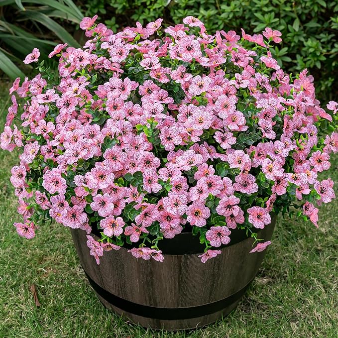 20 Bundles Artificial Flowers for Outdoor Fake Plants for Spring Decoration,Faux Eucalyptus Flowers for Planter UV Resistant Lifelike for Home Porch Garden（Pink）