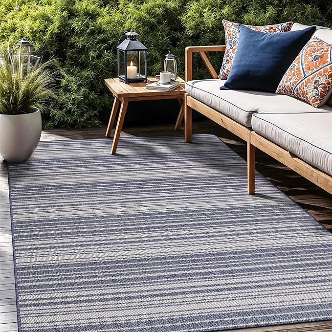 Stripe Outdoor Rug 5x7 Washable Outside Carpet for Indoor Patio Porch Waterproof Easy Cleaning Non Shedding Area Rugs Blue 5 x 7