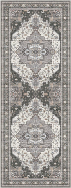 GENIMO 3X8 Hallway Runner Rug, Machine Washable Non Slip Vintage Floral Patchwork Runners, Thin Low Pile Chenille Carpet Runners for Entryway, Kitchen, Bathroom, Bedroom, Slate Gray