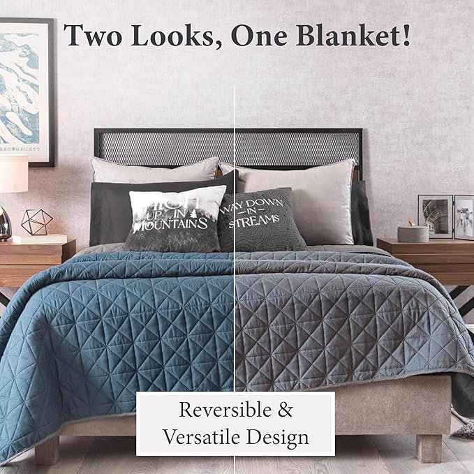 Vianney King Size Comforter Novo Cobalto Reversible Lightweight Blanket 110x93 Inches Soft Cozy Bedding in Cobalt Blue and Dark Grey with Triangular Quilt Pattern