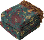 Boho Throw Blanket Full Size, Extra Large Soft Cozy Cotton Muslin Quilt Blanket for Bed Decor, Floral Patterned Couch Sofa Chair Cover, Vintage Farmhouse Cottage Woven Blanket, Green&Orange