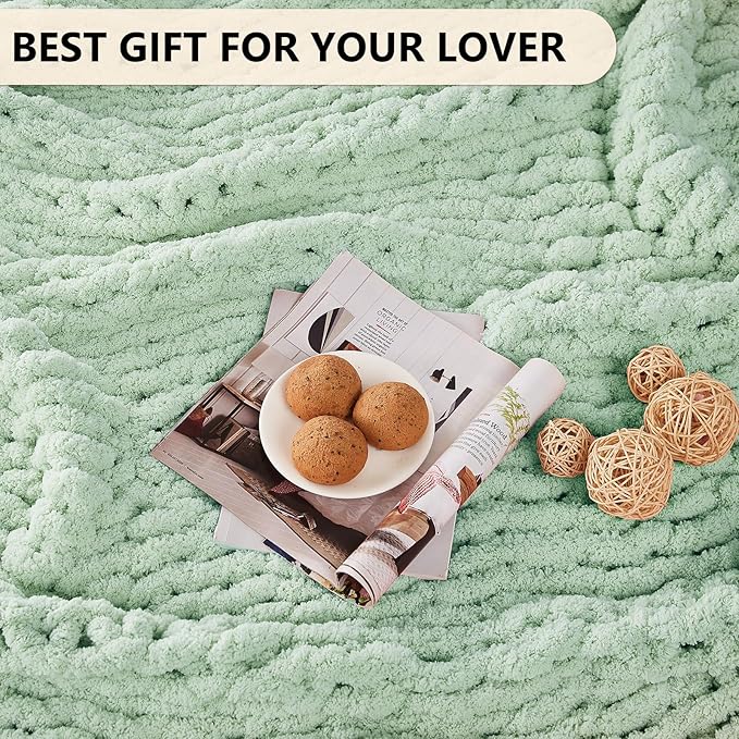 L'AGRATY Chunky Knit Blanket Throw: 60''x80'' Chenille Chunky Knitted Throw Blanket for Bed Couch - Handmade Thick Big Cable Knit Blanket - Large Crochet Rope Blanket for Home Decor(Milky Green)