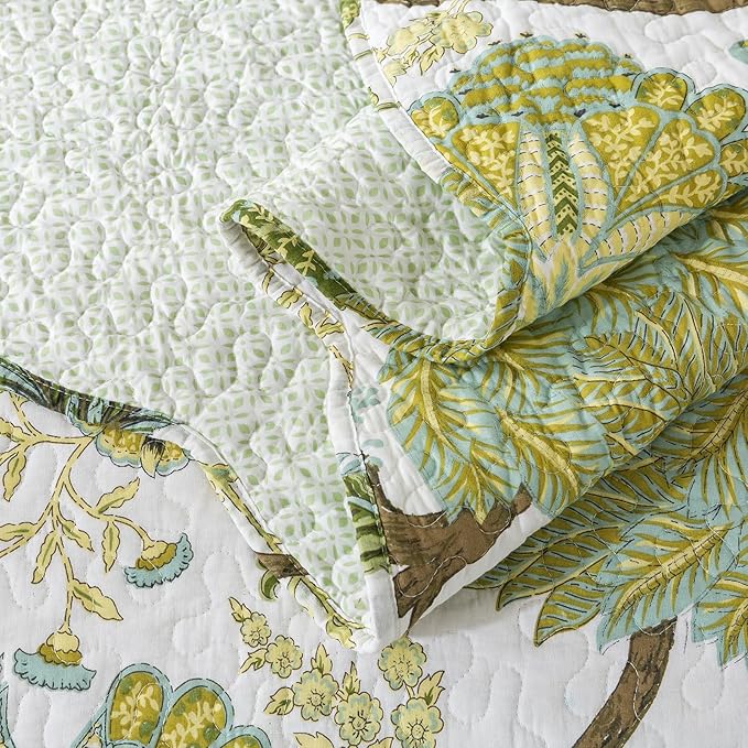 Travan 3-Piece Quilt Set Quilted Bedspread Cotton Coverlet Set Floral Oversized Quilted Bedding Set for All Season, White Vine, King Size